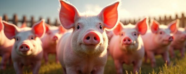 Naklejka premium Group young pigs on farm look directly at camera. Swine, hogs, farm animals at livestock countryside. Pink pigs on pasture. Agriculture industry, meat production, breeding. Rural life.