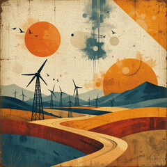 Windmill farm solar energy . Oil paint illustration.