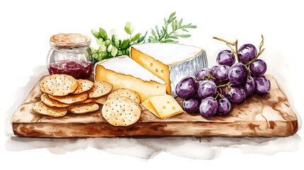 beautifully arranged cheese board featuring various cheeses, grapes, crackers, and jar of jam, perfect for gatherings and celebrations. vibrant colors and textures create inviting atmosphere