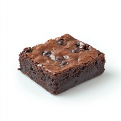 A square chocolate brownie with chocolate chips on a white background