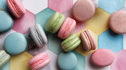 Fototapeta premium Colorful macarons in pastel shades are beautifully arranged on geometric background, creating delightful and vibrant display. These sweet treats evoke sense of joy and indulgence
