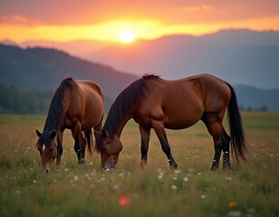 Two brown horses graze green meadow. Sunrise, sunset in mountains landscape. Domestic animals in nature, freedom, wild beauty, rural scene. Carpathians, wildlife, summer. Sunny day.