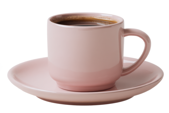 Rose-Colored Coffee Dreams: A cup of dark roast coffee served in a delicate, blush-pink mug and saucer, a moment of simple elegance.