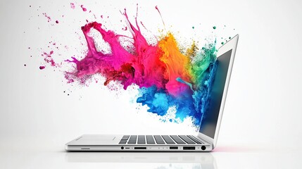 Colorful Paint Explodes from Laptop.