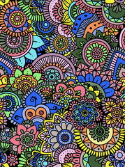 A black and white drawing of flowers painted in bright colors drawn by hand.Seamless pattern.	
