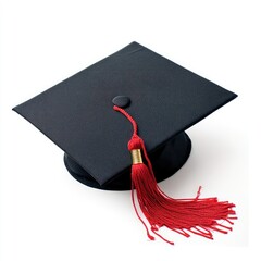A graduation cap with a red tassel on a white background close up view