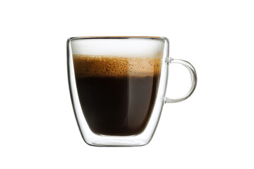 Dark Roast Delight: A Double-Walled Glass Mug Showcasing Rich, Freshly Brewed Coffee Against a Stark Black Backdrop