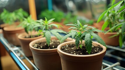 Indoor Cannabis Plants Growing in Terracotta Pots Natural Light Green Leaves Healthy Marijuana Cultivation Homegrown Weed Plants Agricultural Research Botany Hemp Flora Potted Growth Nature Herbal    