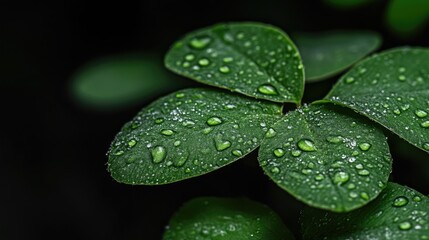 Close-up of vibrant green leaves covered in dew drops
