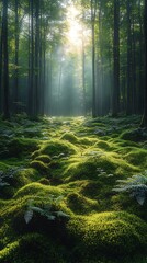 Sunlight Shines Through Tall Trees Illuminating Lush Mossy Forest Floor Photo