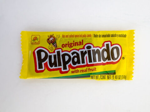 Calgary, Alberta, Canada. Apr 18, 2025. A package of Pulparindo candy. It's a hot and salted tamarind pulp candy, as indicated on the yellow wrapper.