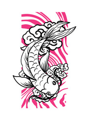 koi fish illustration design for sukajan is mean japan traditional cloth, black, white and pink vibrant colours dynamic style