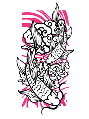 koi fish illustration design for sukajan is mean japan traditional cloth, black, white and pink vibrant colours dynamic style