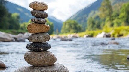 A serene stack of stones balanced on a riverbank, surrounded by lush greenery and rolling hills, evoking tranquility and harmony with nature.