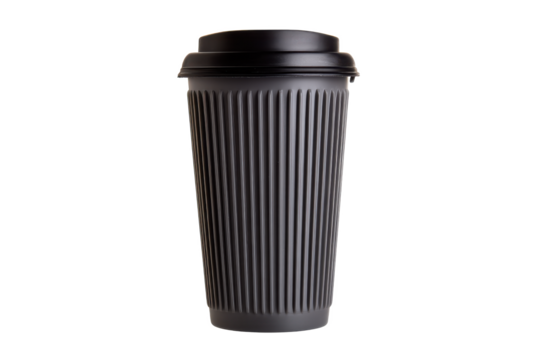 Black Ribbed Travel Mug Against a Deep Black Backdrop, Perfect for Coffee, Tea, or Any Drink on the Go