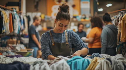 Volunteer arranging clothes at a charity event in a warehouse
