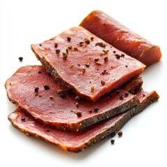Close up of seasoned sliced meat on a white background studio shot