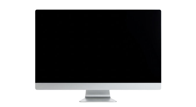 Isolated computer monitor with a blank black screen and a silver stand on a black background