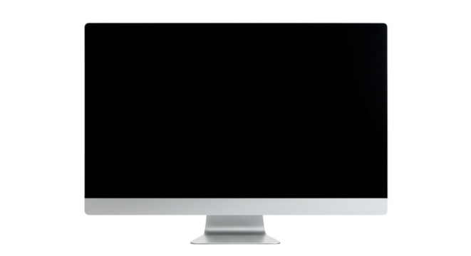 Isolated computer monitor with a blank black screen and a silver stand on a black background