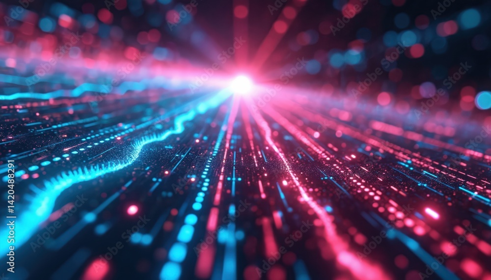 Poster abstract tech background with global high-speed data transfer. digital streams with vibrant blue and