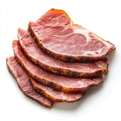 Close up of several slices of cured meat stacked on a white background