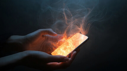 Hands holding a smartphone engulfed in fiery flames