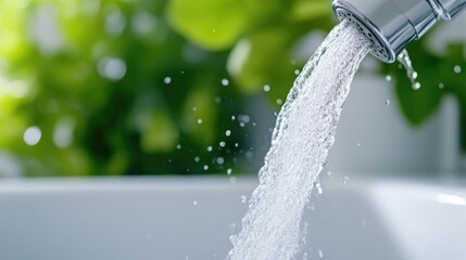 Water flows from a faucet.  Fresh water gushing from a chrome faucet, creating splashes and droplets.  Close-up view of the water stream