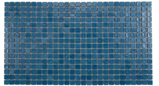 Close up of a blue mosaic tile pattern with square shapes and grout lines in a uniform arrangement