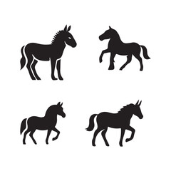 Black and White Silhouette Icons of Horses and DonkeysA set of four simple black silhouette icons depicting various equine animals (horses and donkeys)..