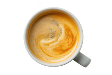 Morning Ritual: A Bird's-Eye View of Coffee's Creamy Swirls, Promising Warmth and a Jolt of Energy for the Day Ahead