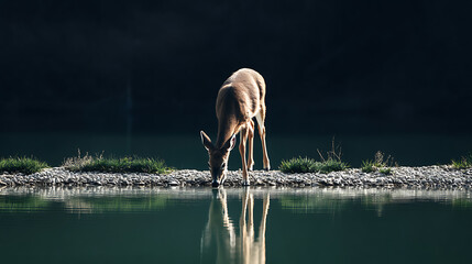 deer drinking from calm river, its reflection perfectly mirrored water surface, surrounded by lush greenery and pebbles. serene atmosphere evokes sense of tranquility and connection with nature