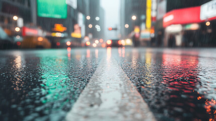 kaleidoscopic reflection of city lights on wet street creates vibrant urban scene, evoking sense of tranquility amidst bustling city life