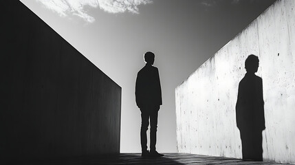 person stands in silhouette against stark background, casting distinct shadow that reflects their form differently. contrast creates dramatic and thought provoking scene