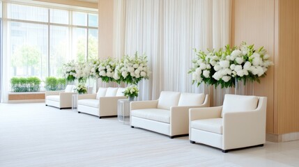 Elegant white reception area with floral arrangements