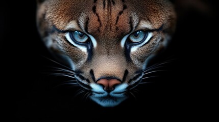 Fototapeta premium Close-up of a bobcat's intense gaze, highlighting its striking features against a dark backdrop. Sharp focus on the facial details and intense eyes
