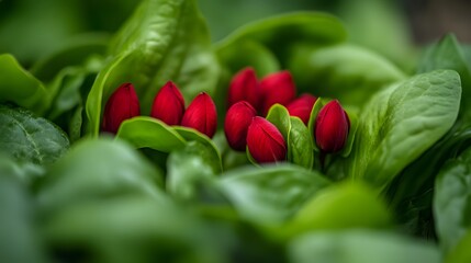 Red Tulips Emerging Spring Flowers Green Leaves