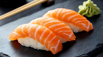 Delicious salmon nigiri sushi arranged beautifully on black slate plate, accompanied by dollop of wasabi. This aesthetic presentation highlights freshness and quality of ingredients
