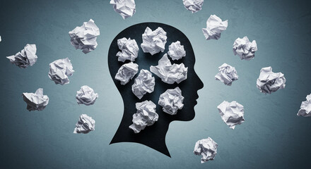 Overwhelmed mind crumpled paper thoughts escaping a head silhouette against a muted blue background