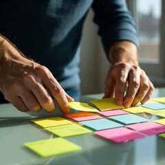 business people post it notes in glass wall at meeting room