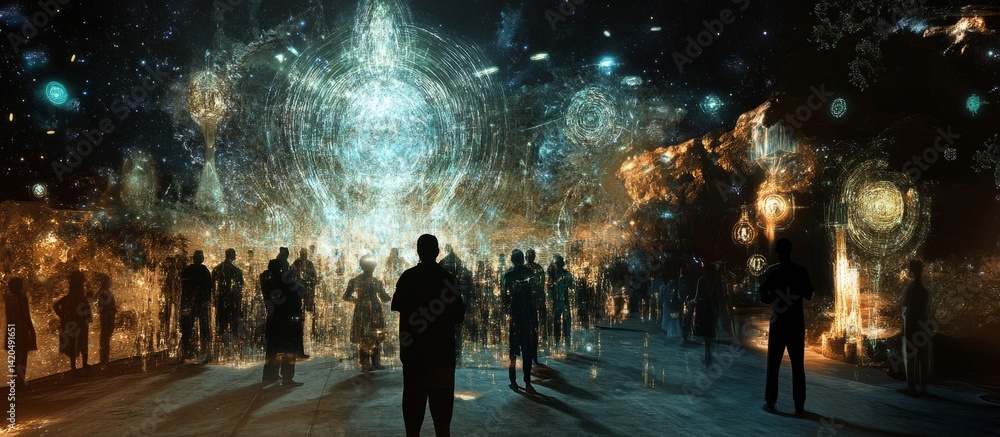 Aufkleber silhouette of a man standing in front of a futuristic portal with glowing lights and digital interfa