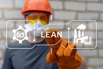Factory worker using virtual touch screen push button with text: LEAN. Lean manufacturing DMAIC six...