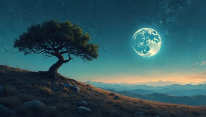 Illustration of lone tree on hill, starry night sky, full moon. Dreamy, romantic, mysterious landscape, oil painting style. Evokes feelings of solitude, tranquility, peacefulness. Nature, beauty,