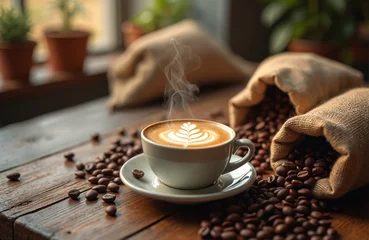 Poster Steaming latte art coffee cup on rustic wooden table. Burlap sacks overflowing roasted coffee beans. Warm light, delicious drink, relaxing cafe. Coffee shop, cozy atmosphere.