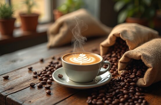 Steaming latte art coffee cup on rustic wooden table. Burlap sacks overflowing roasted coffee beans. Warm light, delicious drink, relaxing cafe. Coffee shop, cozy atmosphere.