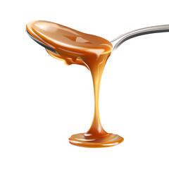 Cajeta (goat milk caramel) dripping from spoon, glossy texture, isolated on transparent background --v 6.0 --raw
