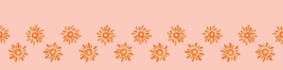 Vibrant fall sunshine seamless nursery border. Naive illustration of summer sky in hand drawn playful style for childrens nursery edinging, banner. 