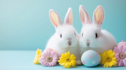 Obraz premium Adorable rabbits photographed with Easter eggs and seasonal flowers against a simple background, perfect for spring holiday themes.