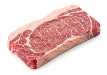 Raw beef steak with marbled fat placed on a clean white background. Uncooked meat slab, fresh and red, ideal for grilling, cooking, or culinary content in food blogs, ads, and recipes.