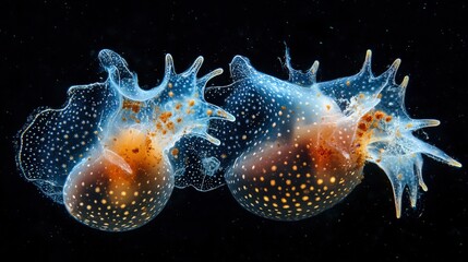 Two translucent sea creatures with orange centers and white spots appear