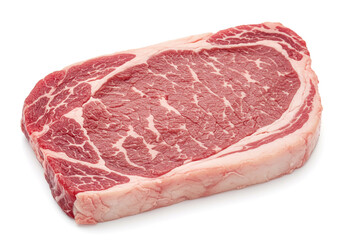 Raw beef steak with marbled fat placed on a clean white background. Uncooked meat slab, fresh and red, ideal for grilling, cooking, or culinary content in food blogs, ads, and recipes.
